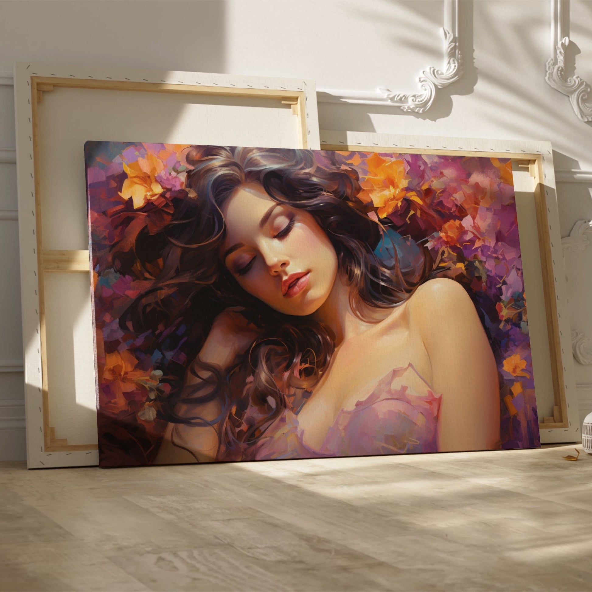 Framed canvas print of a sensuous woman amidst vibrant flowers