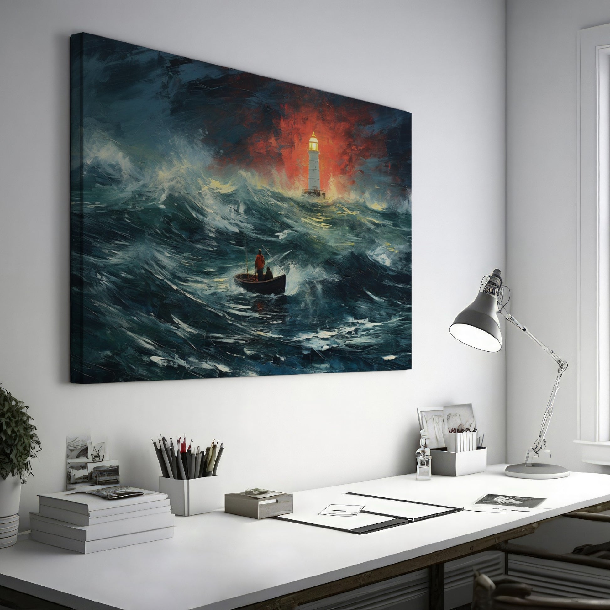 Framed canvas print of a stormy seascape with a lighthouse beacon and a boat at sea, featuring expressive brushstrokes and a dramatic red and blue colour scheme