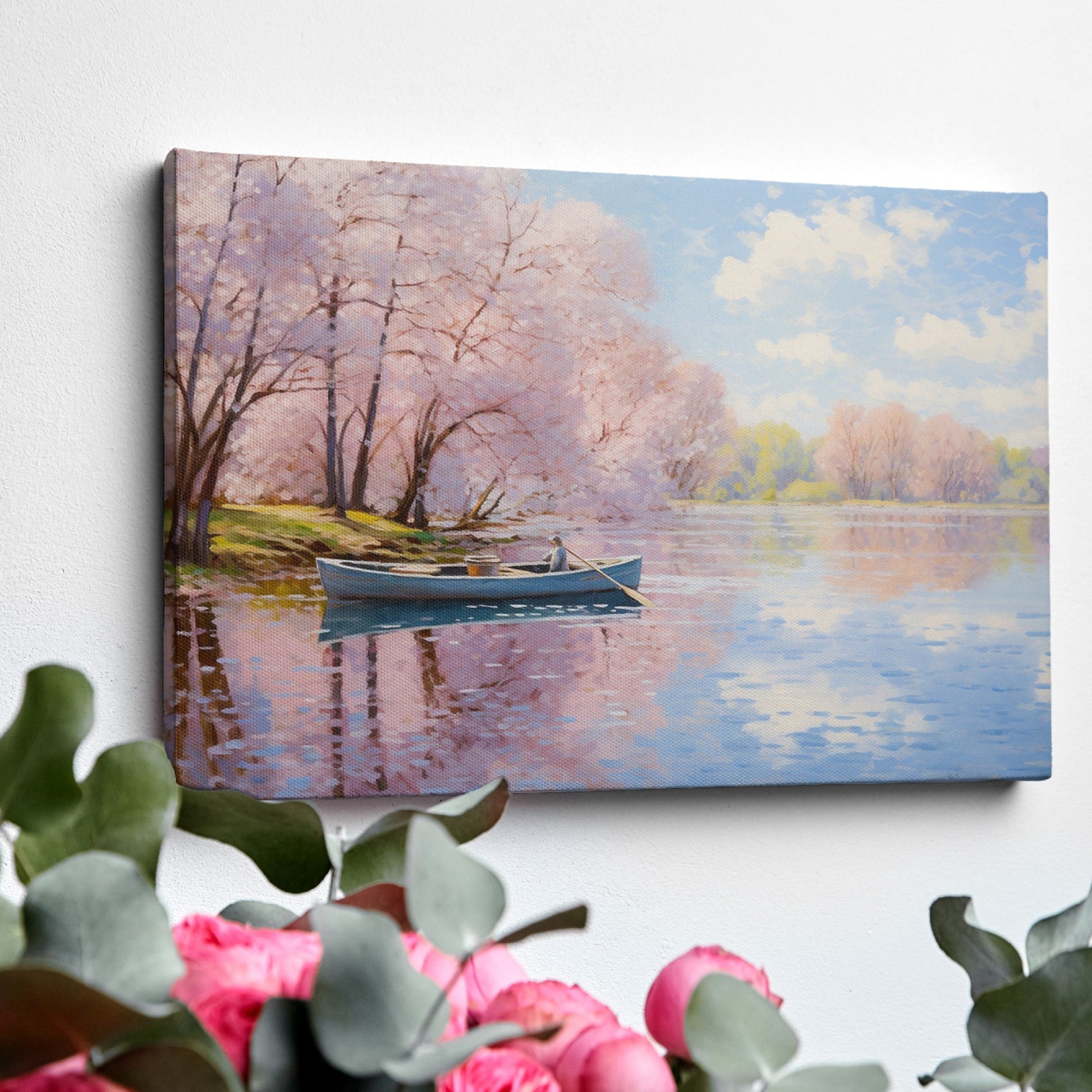 Framed canvas print of a serene river scene with cherry blossoms and a small boat