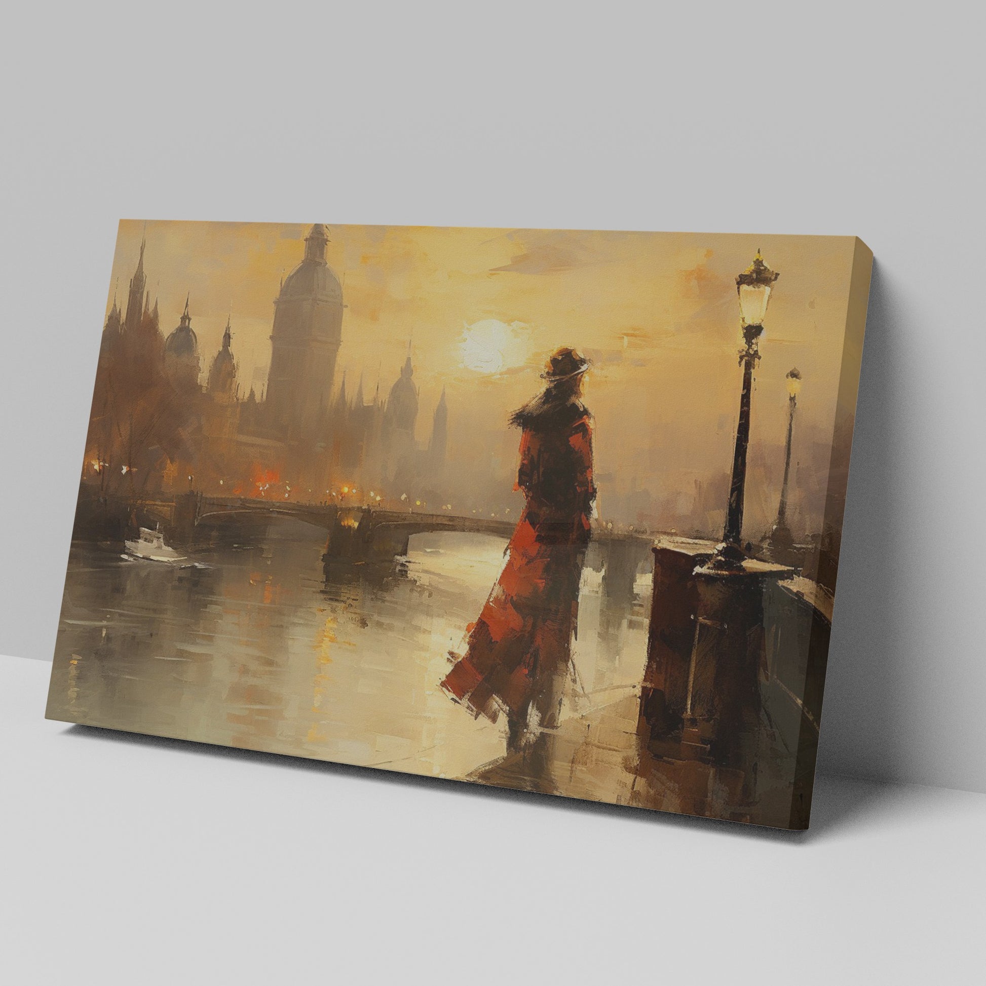 Framed canvas print of a vintage-style sunset over London's Thames, with elegant silhouette and warm colour palette