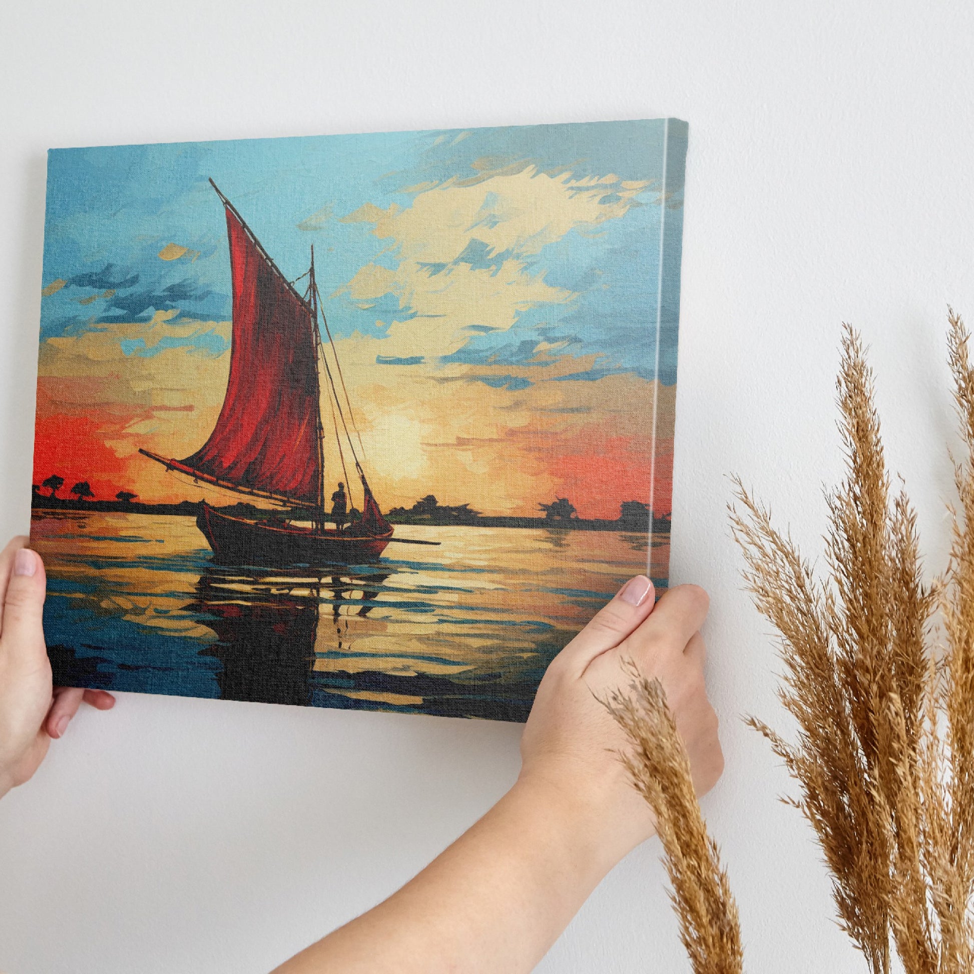 Impressionist style painting of a sailboat with a red sail on calm waters at sunset with vibrant blue and orange sky