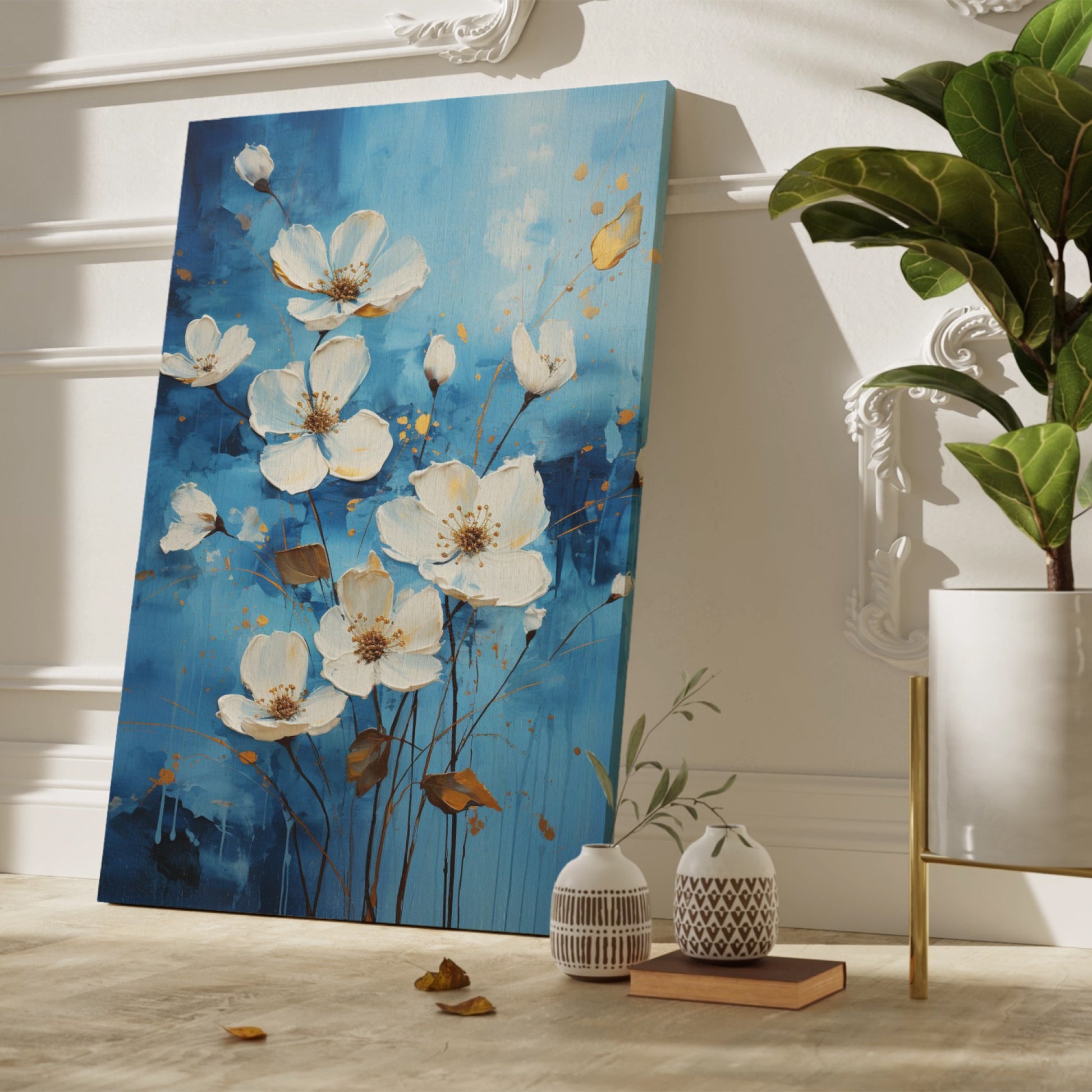 Framed canvas print of contemporary white and gold flowers on a blue background