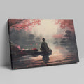 Framed canvas print of a serene digital painting with a figure sitting near water, reflecting cherry blossoms and a city silhouette