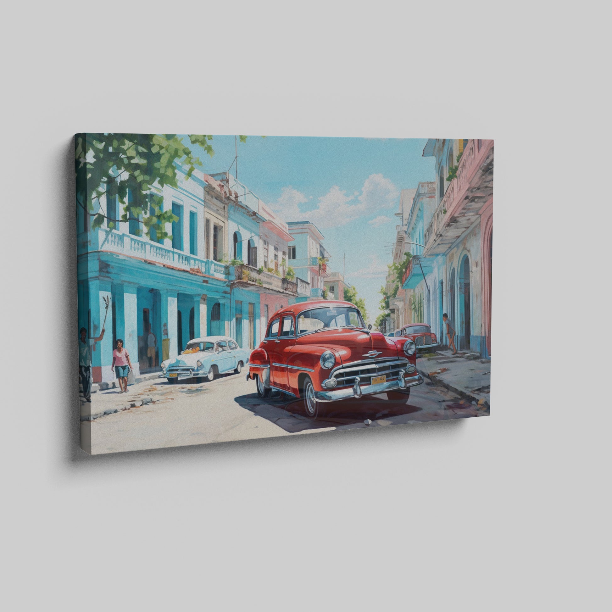 Framed canvas print of a vibrant Cuban street with vintage cars and colourful buildings