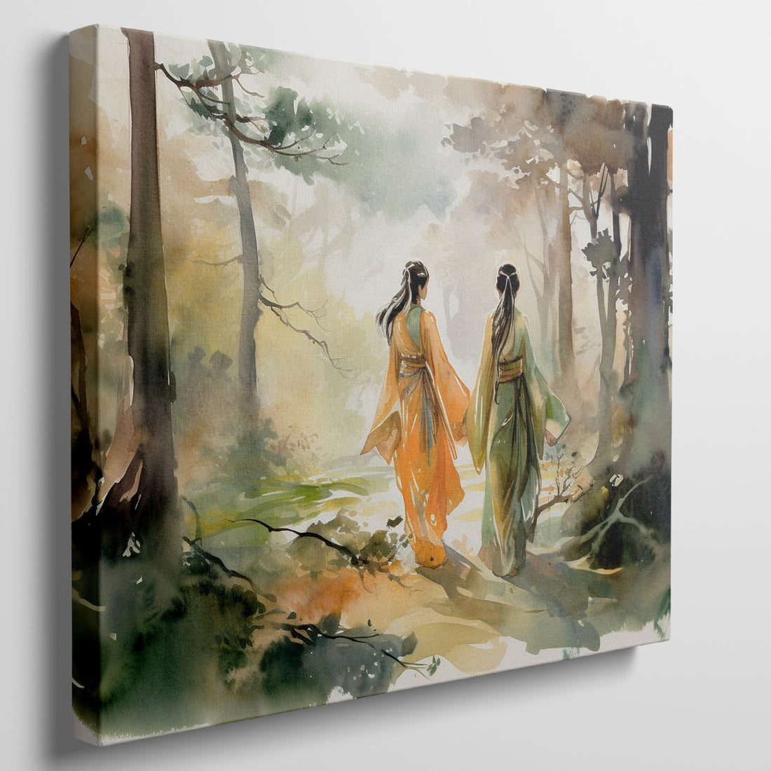 Framed canvas print of two women in traditional Chinese attire walking through an autumnal watercolor forest