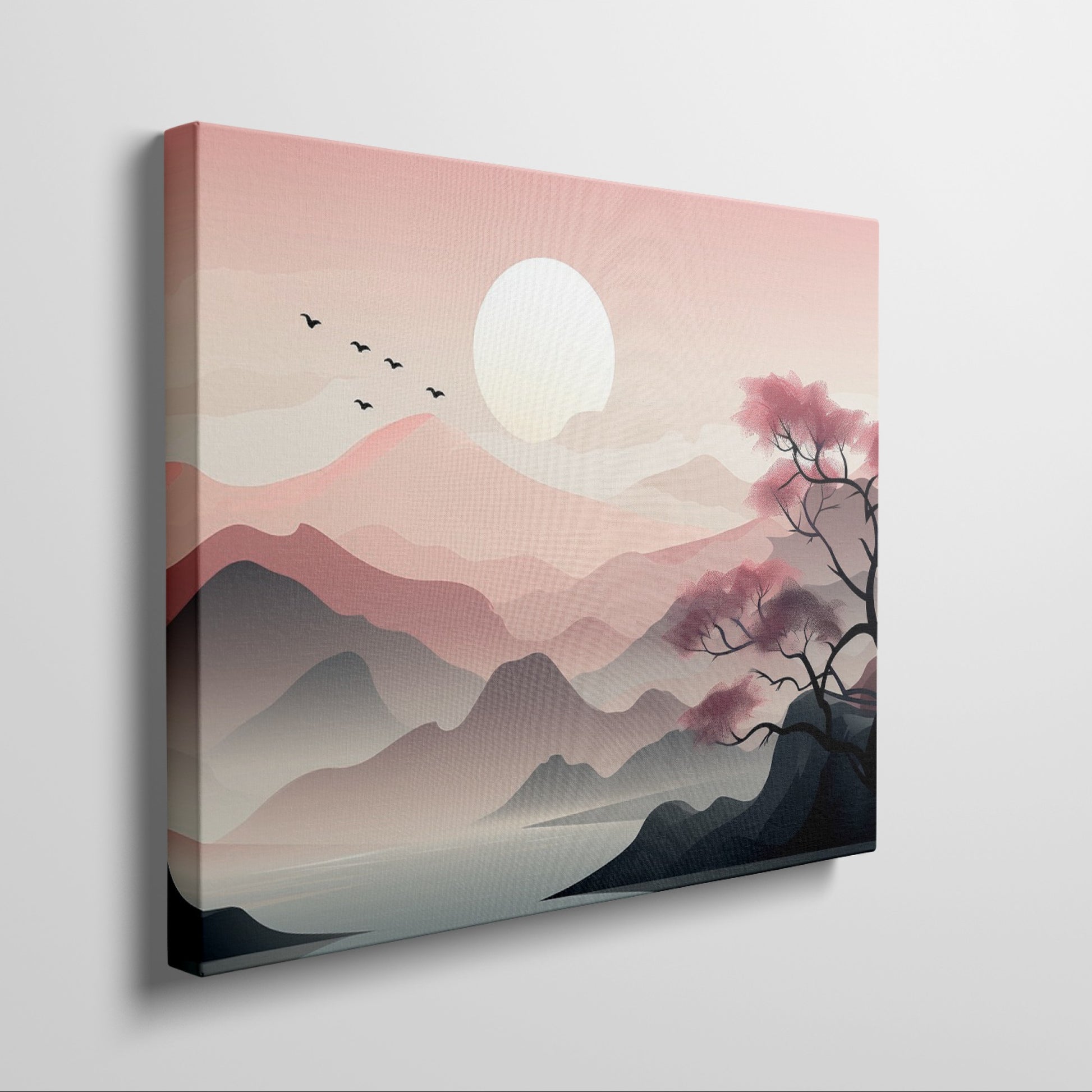 Framed canvas print of a tranquil pink sunrise over mountains with a reflective lake and silhouette of a tree