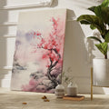 Framed canvas print of a misty cherry blossom landscape with pink florals and soft mountain backdrop