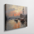 Framed canvas print of London's Westminster skyline at sunset with soft orange and blue tones