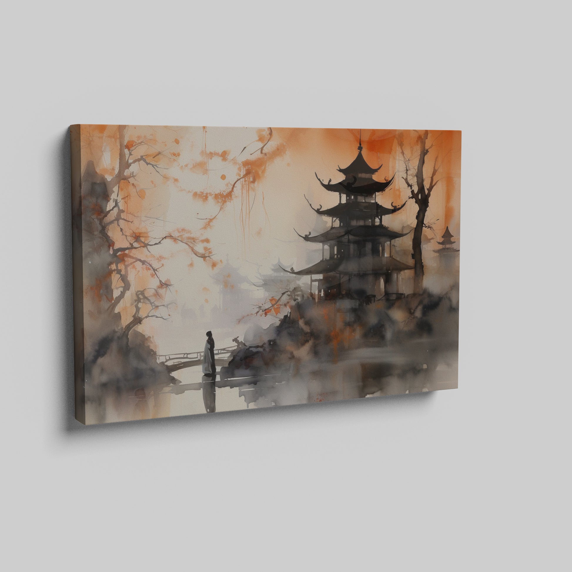 Framed canvas print of Oriental landscape with a pagoda and person on a bridge in misty watercolour technique