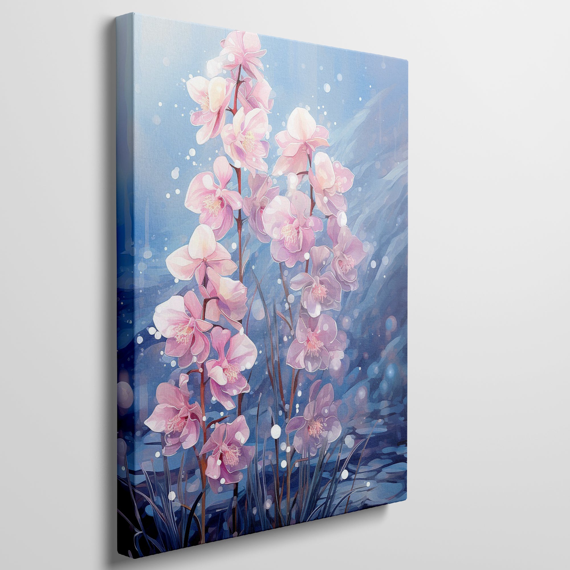 Framed canvas print of serene pink orchids with reflective water in an illustrative style