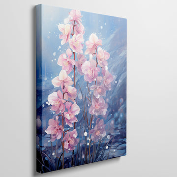 Framed canvas print of serene pink orchids with reflective water in an illustrative style