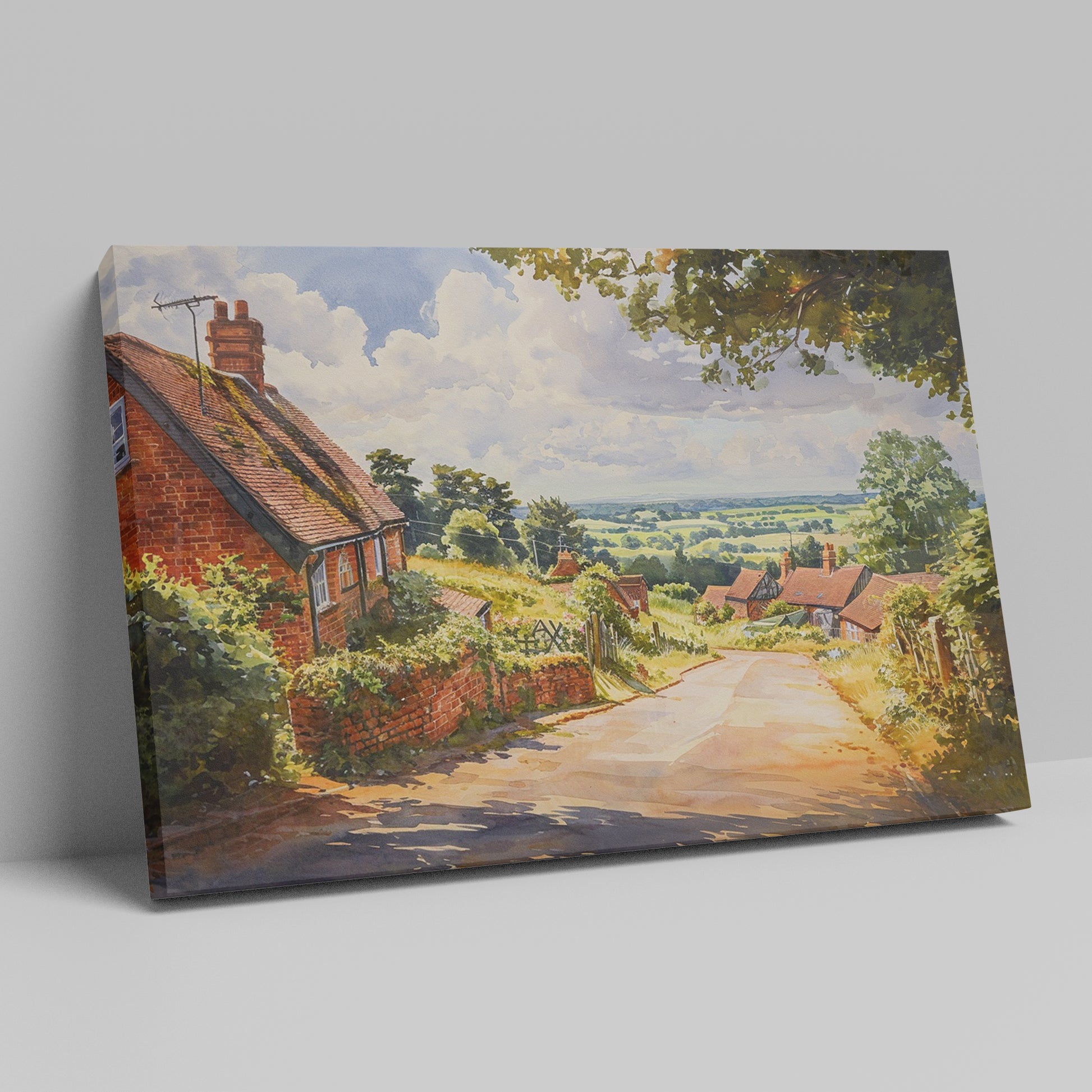 Framed canvas print of a summer countryside scene with traditional brick houses and a country road