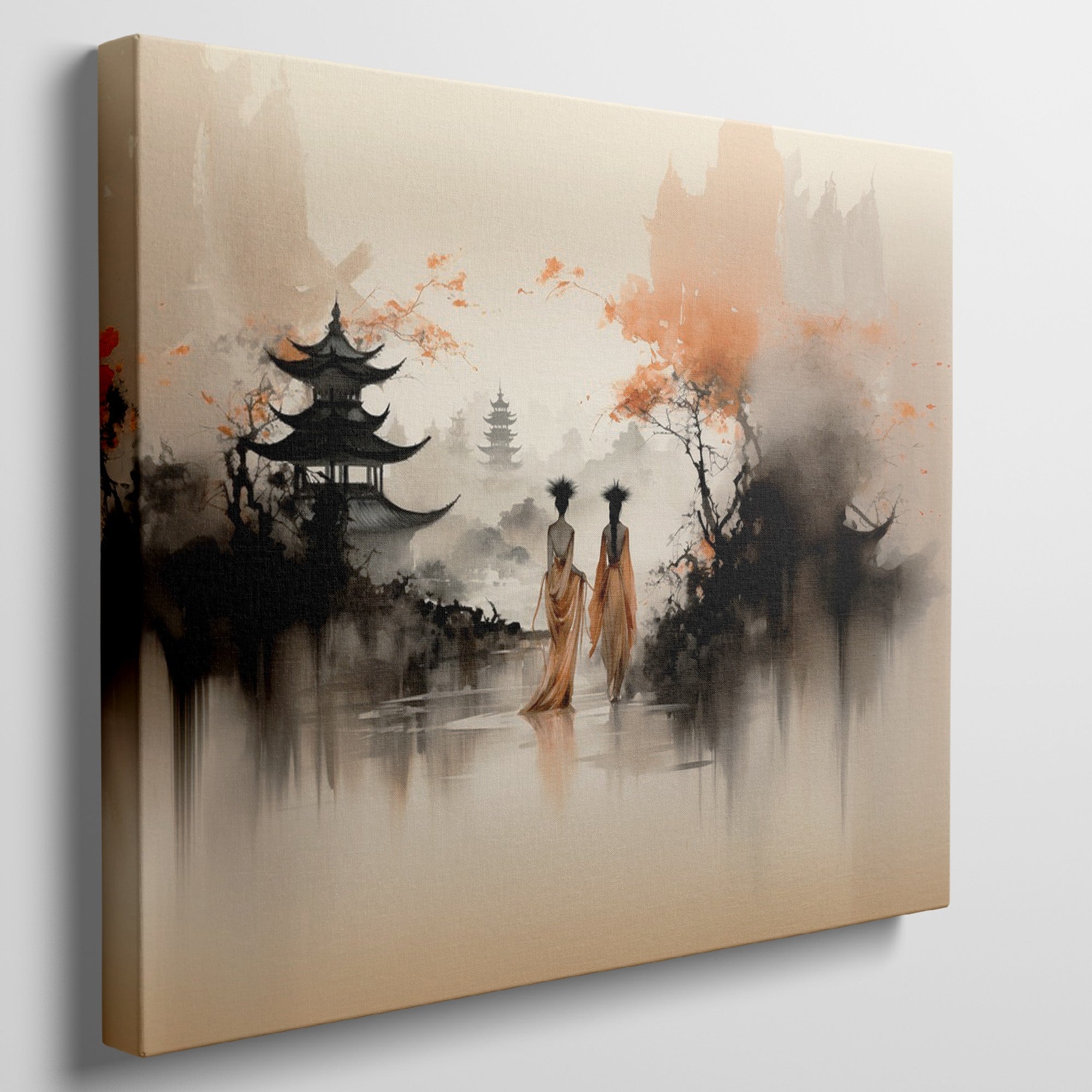 Framed canvas print of Oriental landscape with autumn colors and pagoda silhouettes