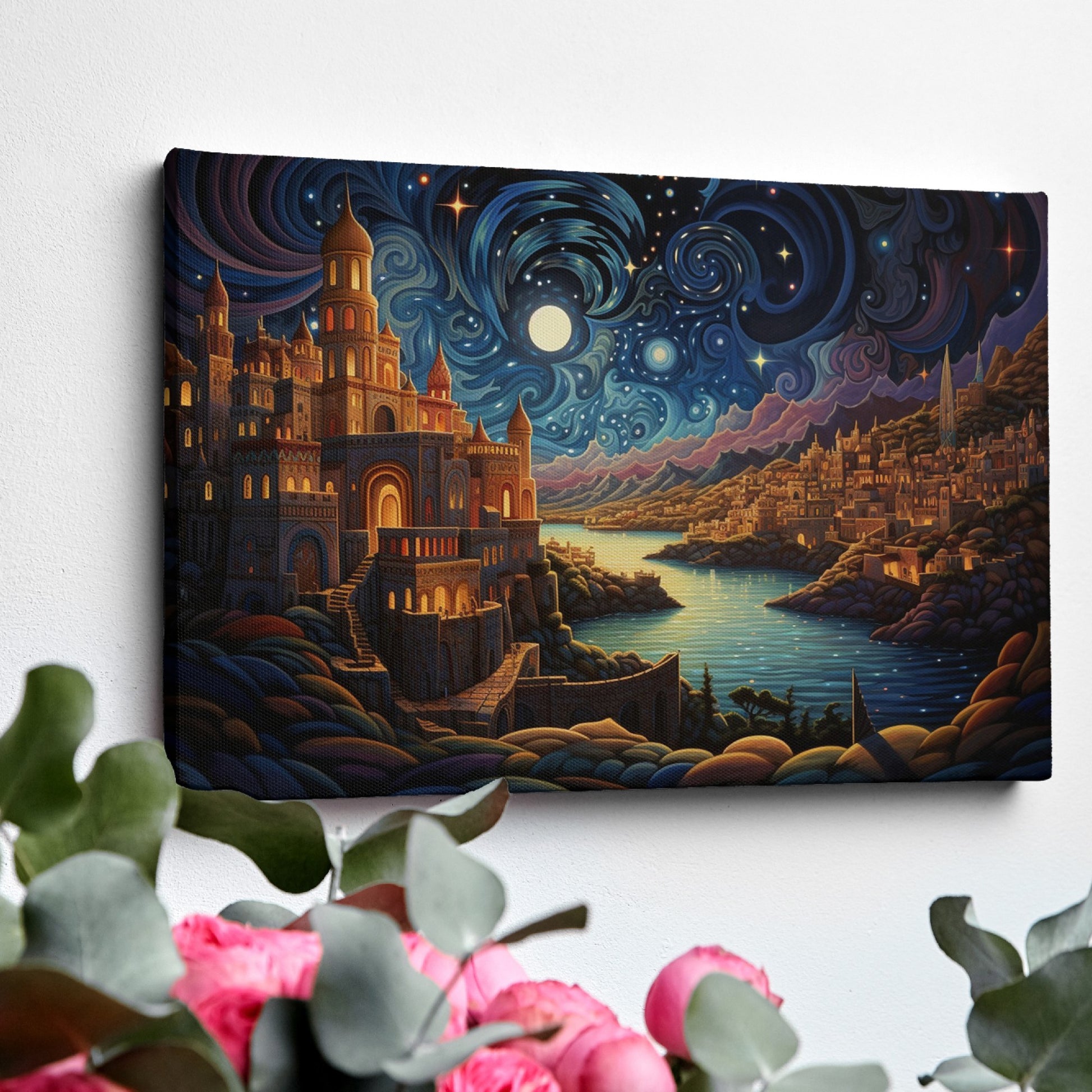 Framed canvas print of a moonlit fantasy cityscape with vibrant colours and a starry night sky