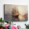 Framed canvas print of a historic sailboat sailing at sunset with golden light reflecting on the water