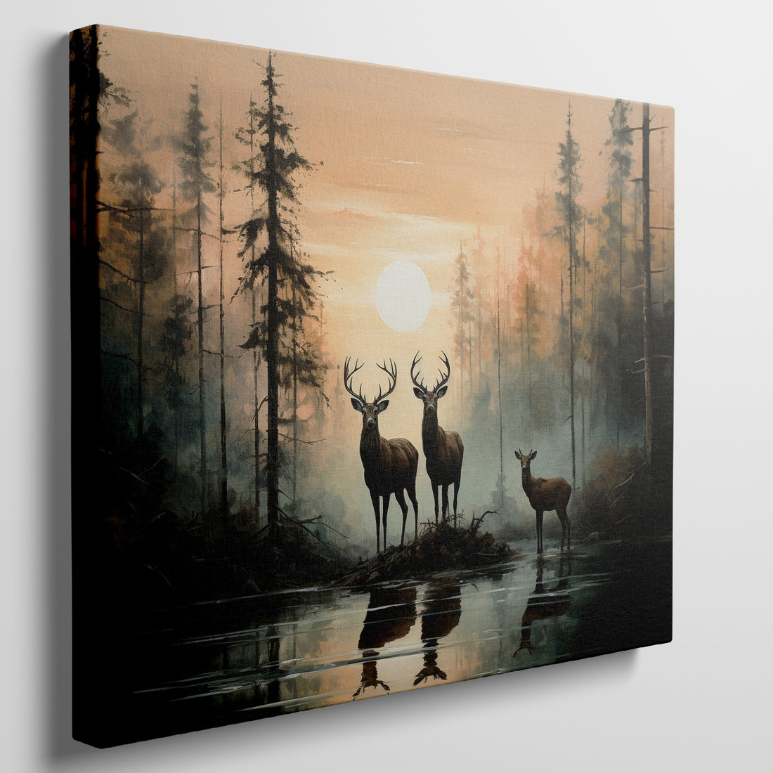 Framed canvas print of deer silhouetted against a forest sunset with reflections on water