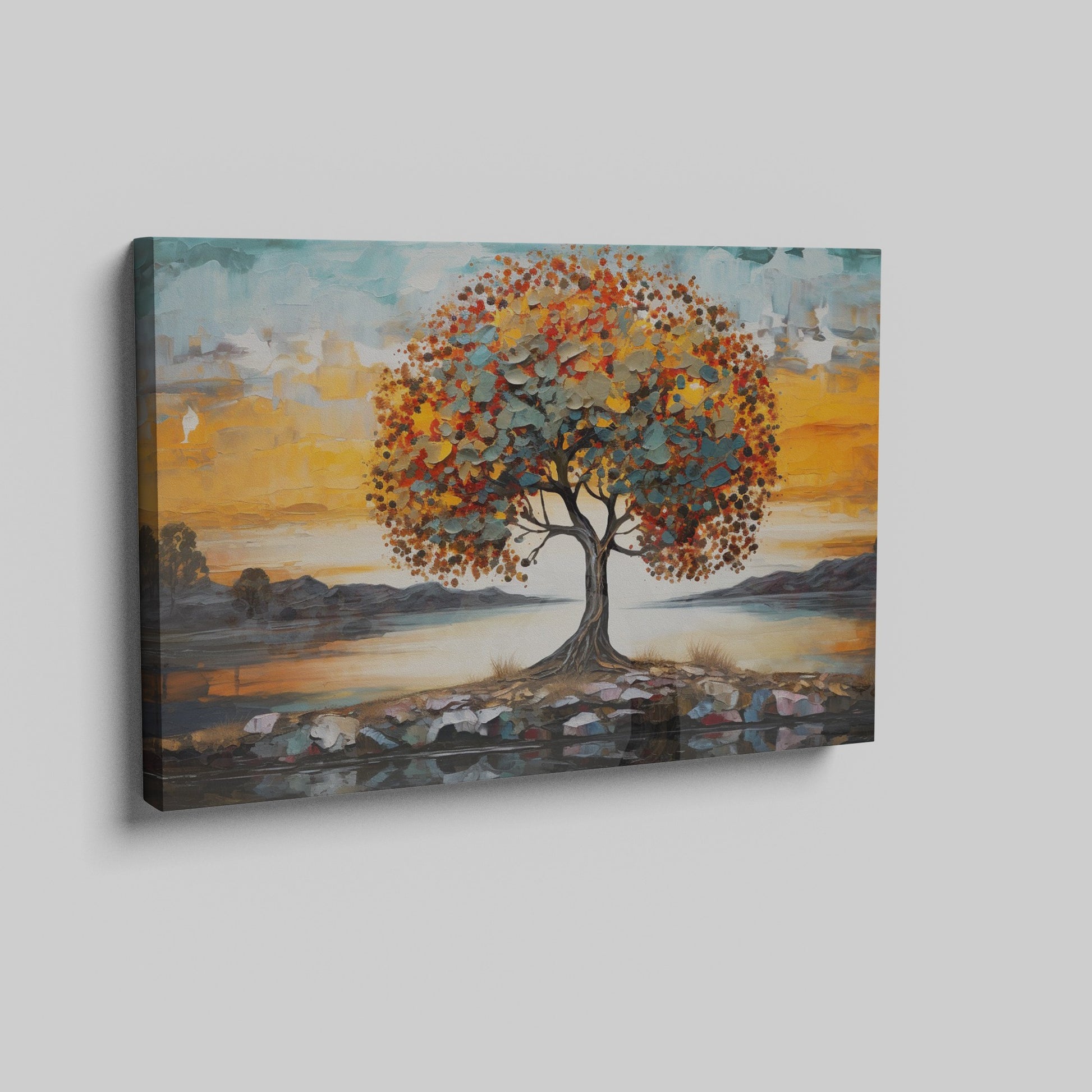 Textured canvas art of a tree with autumn leaves and a serene sunset in the background