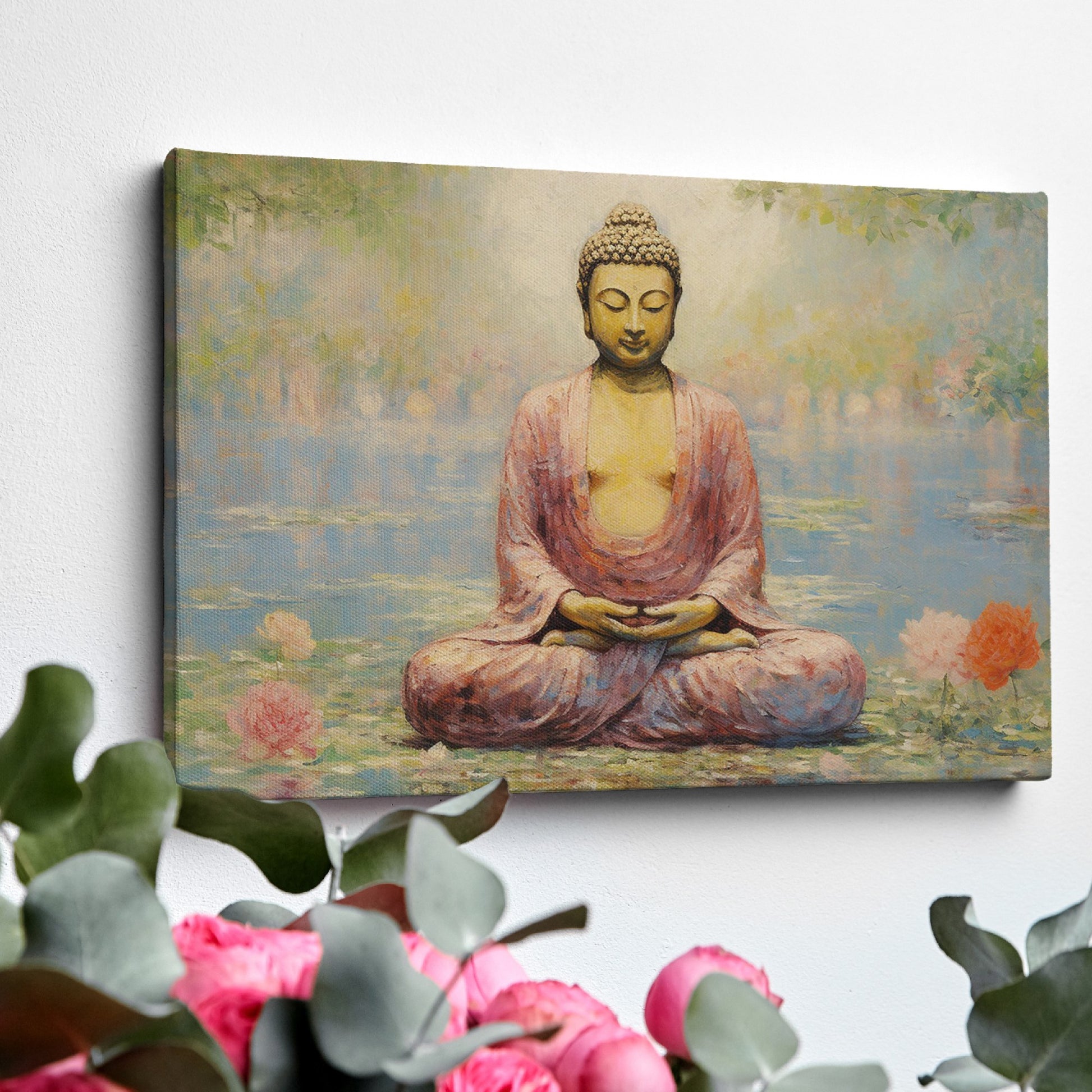 Framed canvas print of a serene Buddha in meditative pose with lotus flowers and reflective water