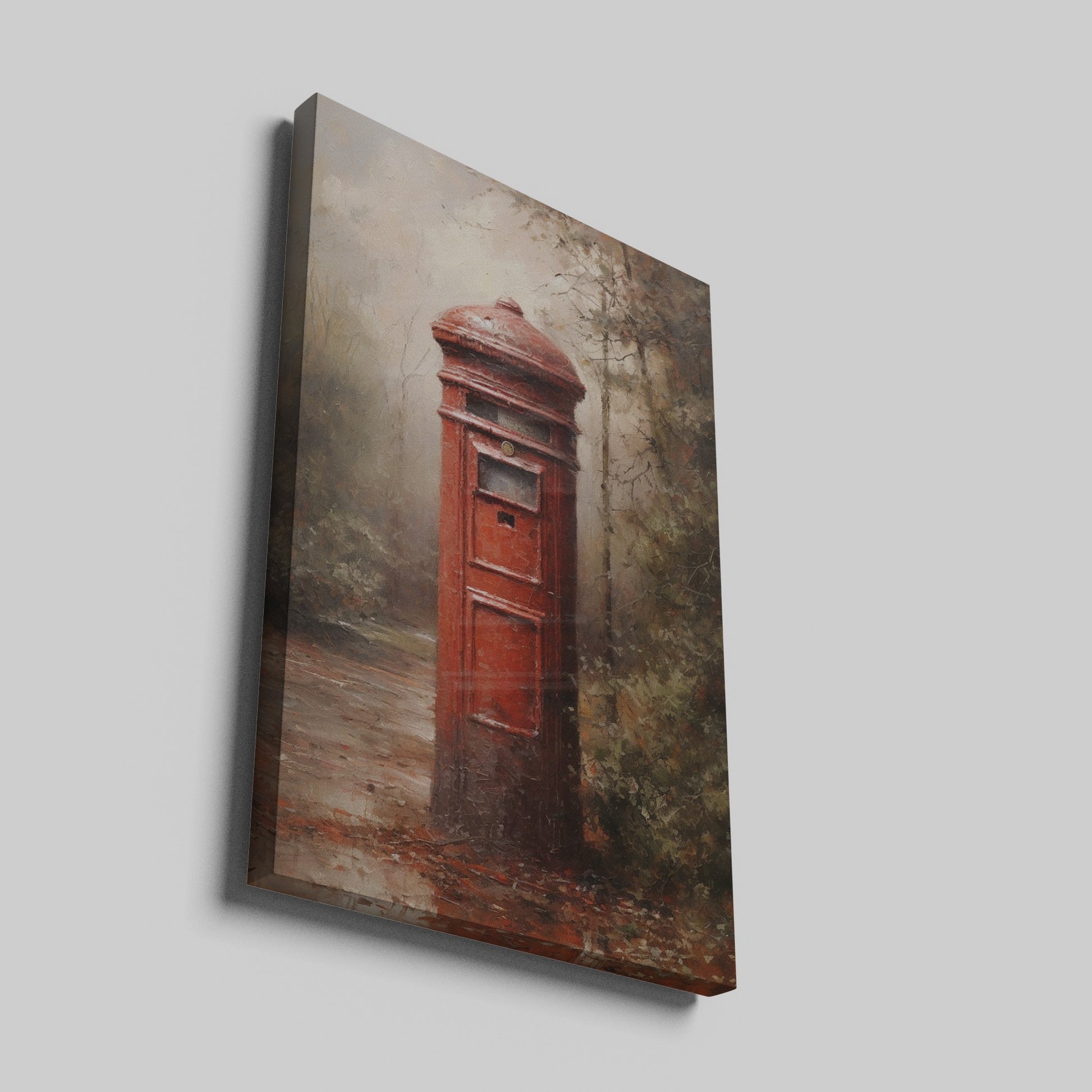 Framed canvas print of an impressionist painting featuring a vintage British red postbox with rustic autumnal background