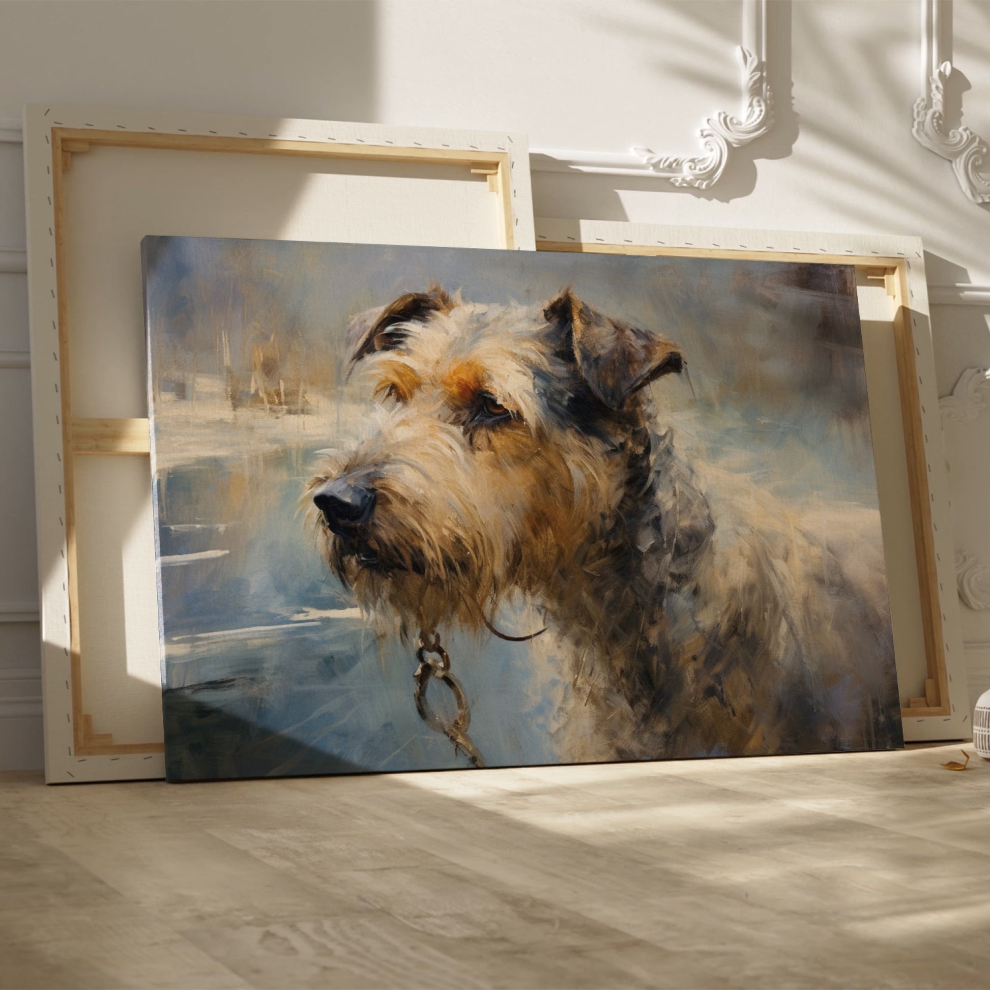 Framed canvas print of an impressionistic painting depicting a detailed and textured dog portrait with warm tones