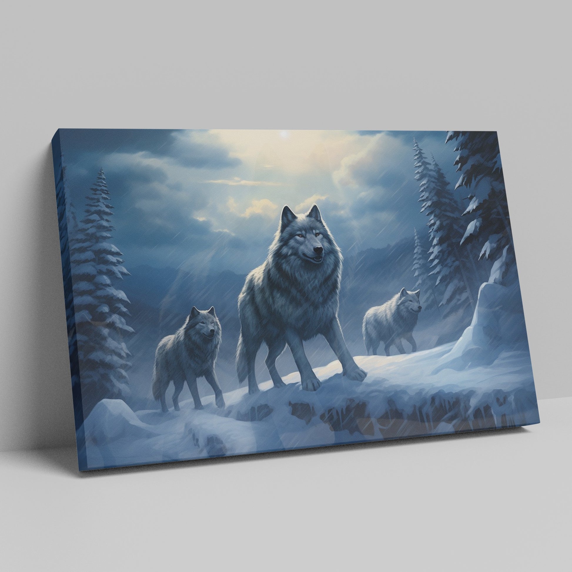 Framed canvas print of a wolf pack under a moonlit sky in a snowy forest