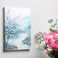 Framed canvas print of serene cherry blossoms by a river in watercolour style