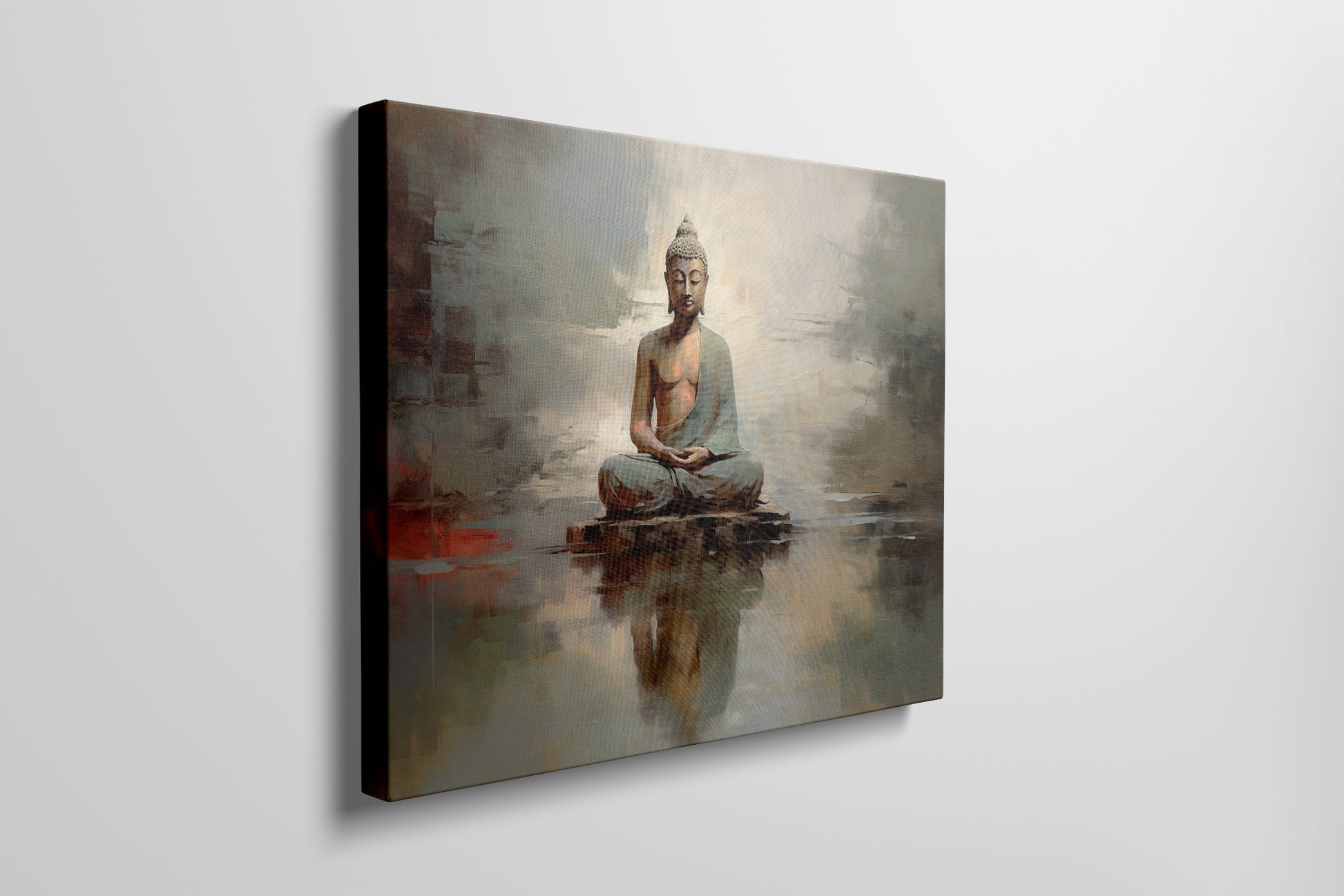 Framed canvas print of a meditative Buddha in warm tones with a reflective water effect