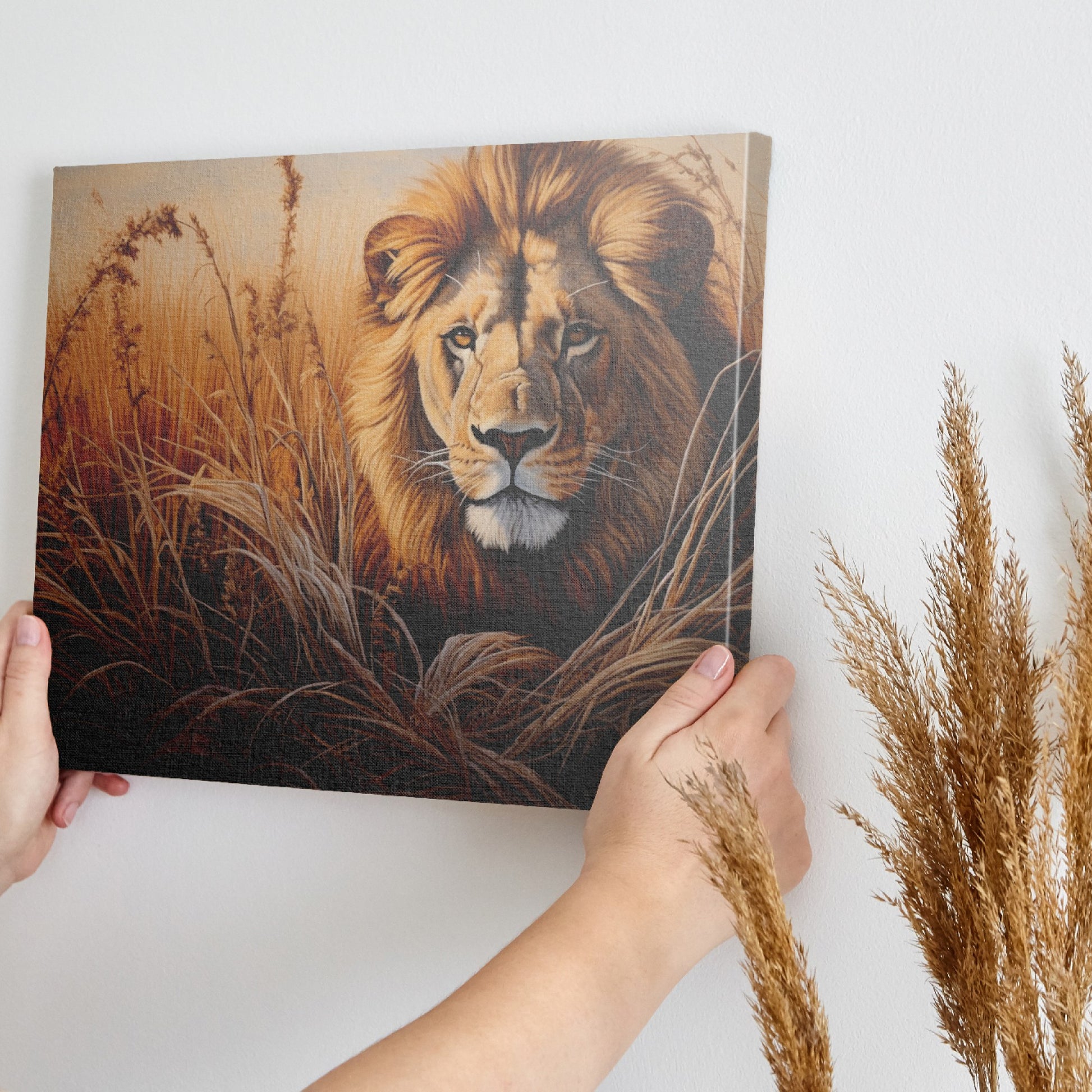 Framed canvas print of a realistic lion portrait in earthy tones