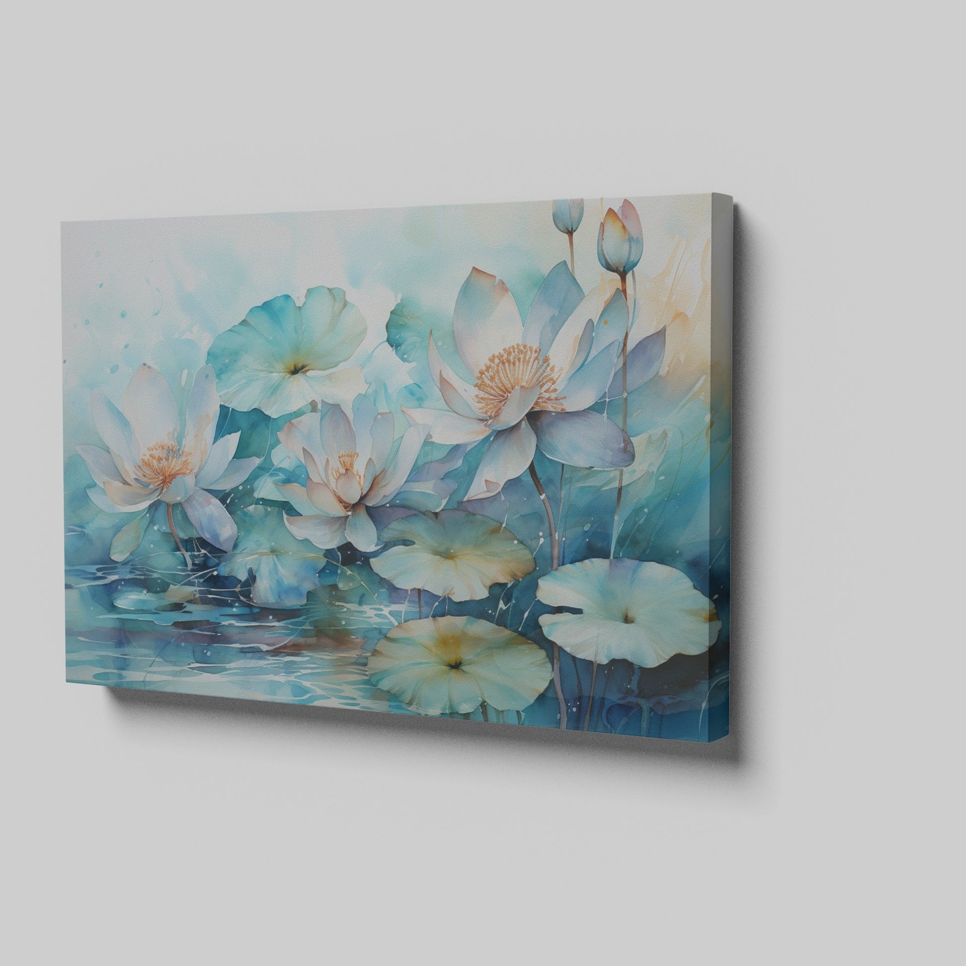 Framed canvas print of tranquil watercolor lotus pond with delicate blues and teals