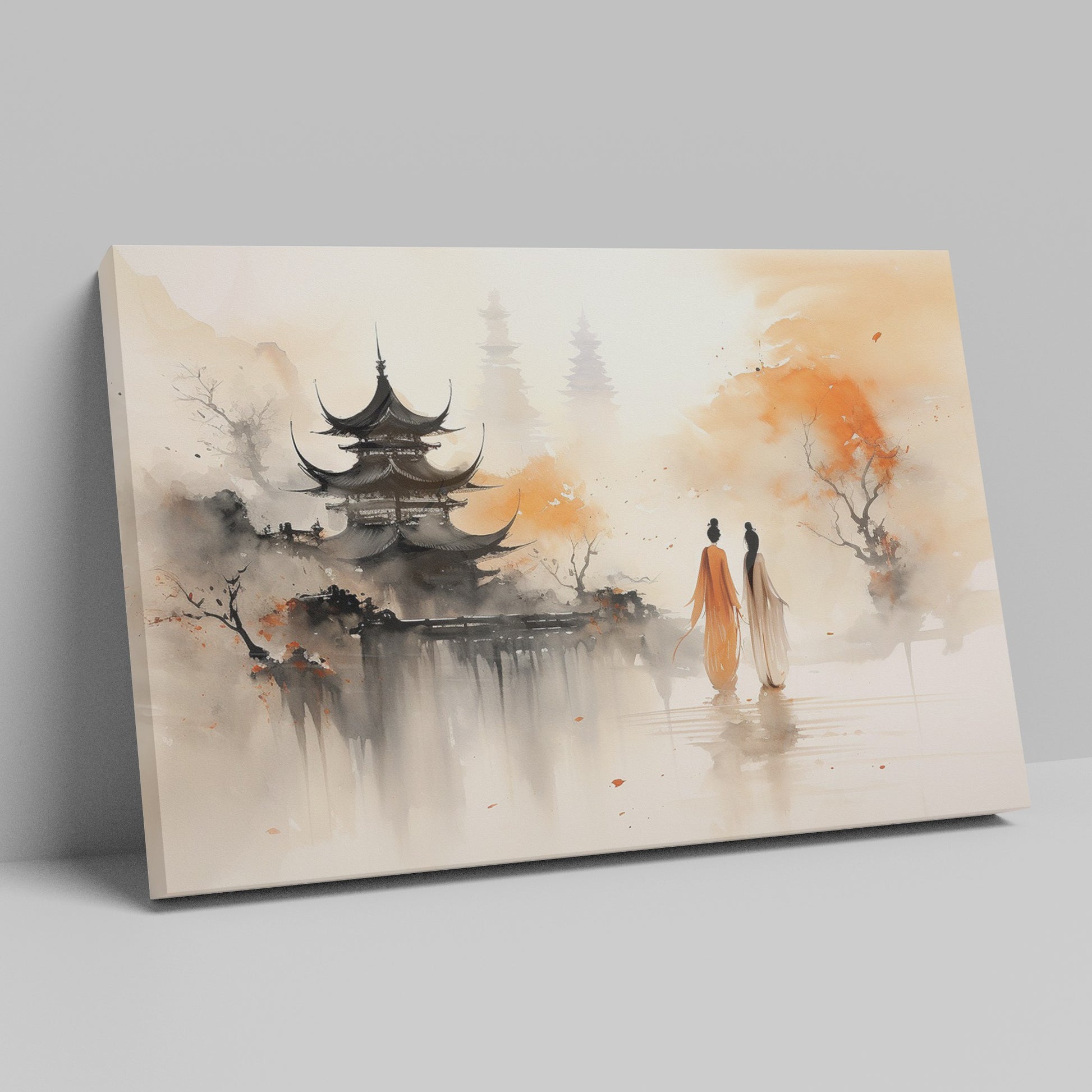 Framed canvas print of Oriental pagoda and autumn reflection with silhouetted figures in mist