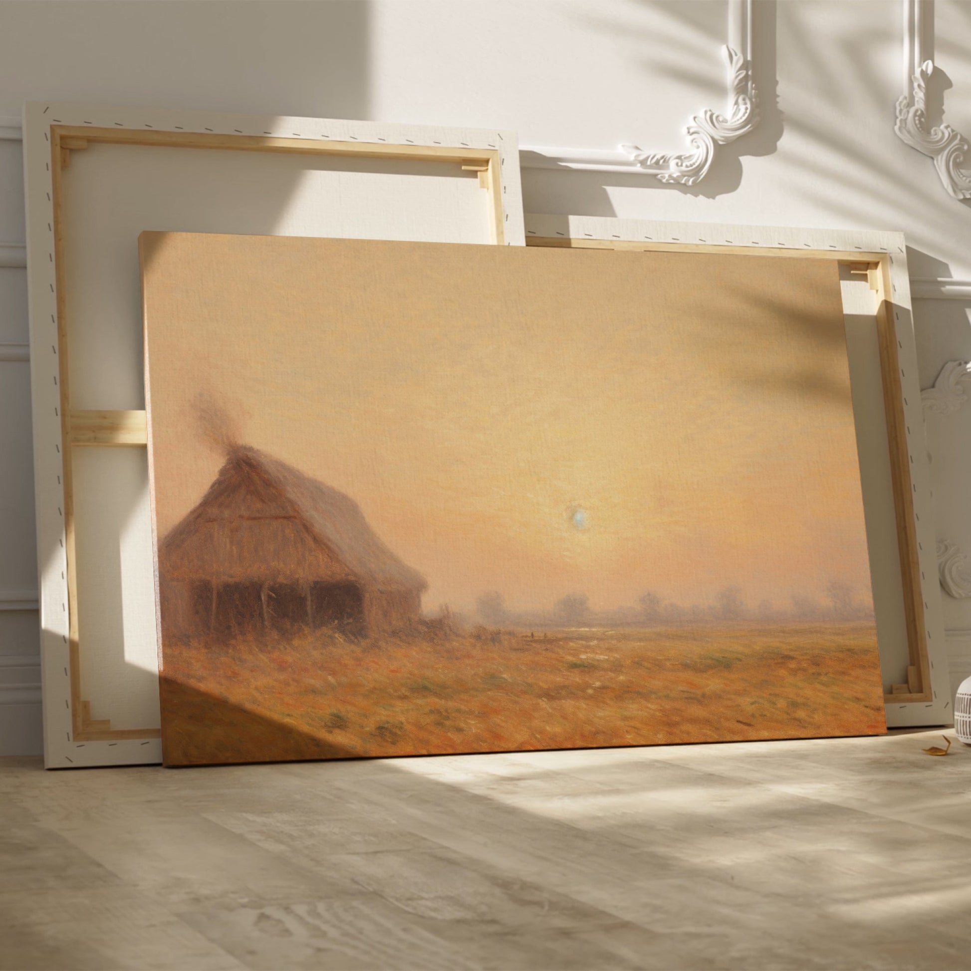 Framed canvas print of golden sunrise with a thatched cottage in a tranquil countryside scene