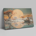 Framed canvas print of a surreal landscape with an ethereal sunset, lady in a boat, and reflective water