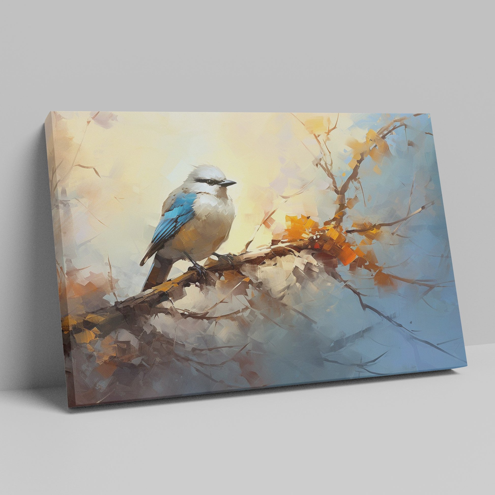 Framed canvas print of a stylised blue bird sitting on a branch with impressionistic brushstrokes