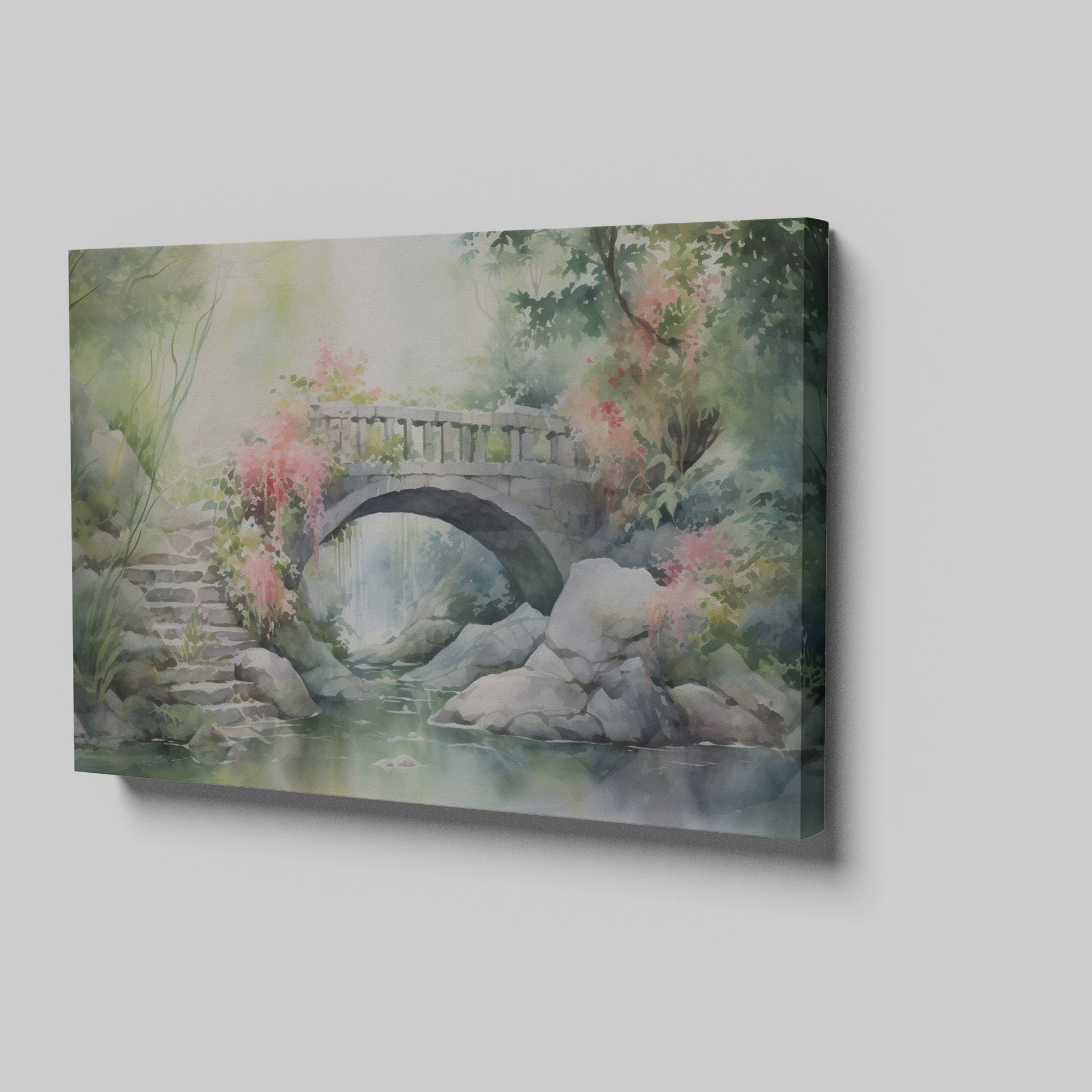 Framed canvas print of a serene stone bridge over a stream in a misty garden with lush greenery and flowering plants