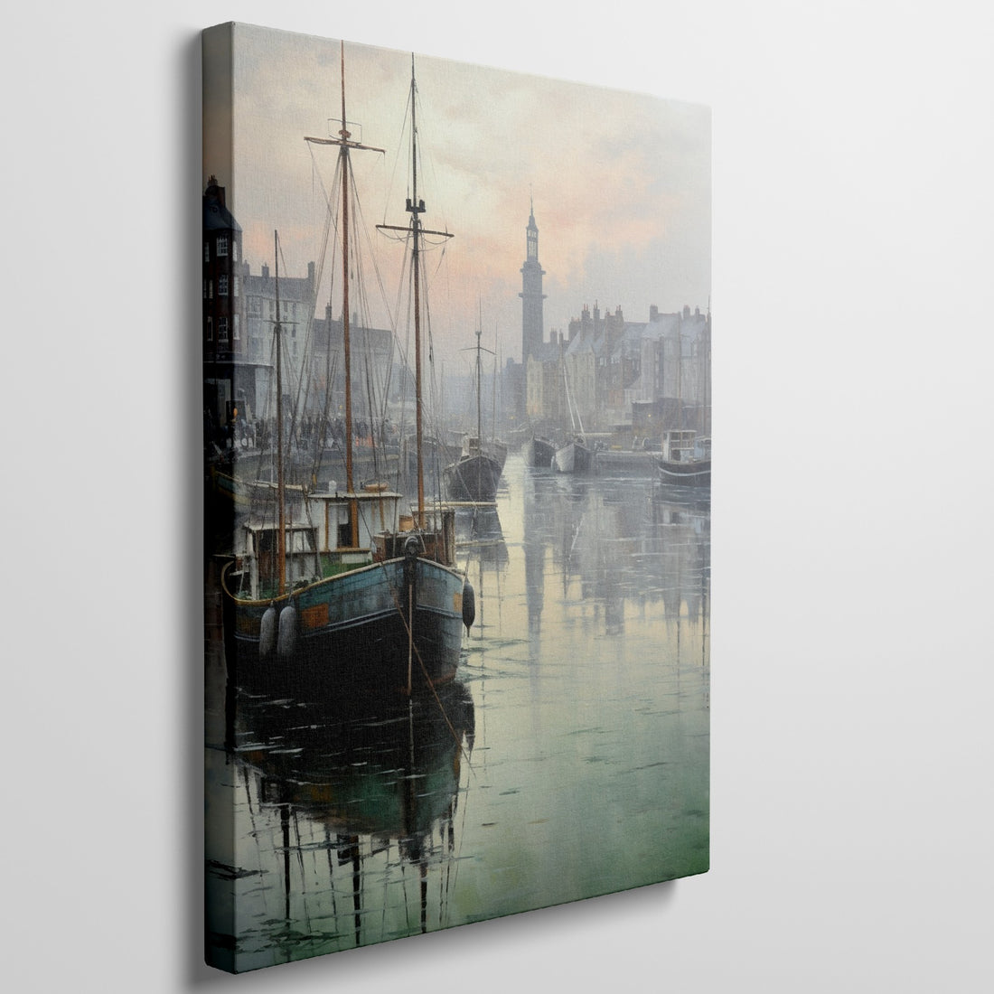 Framed canvas print of a serene harbour scene with sailing boats and a historic lighthouse at dawn