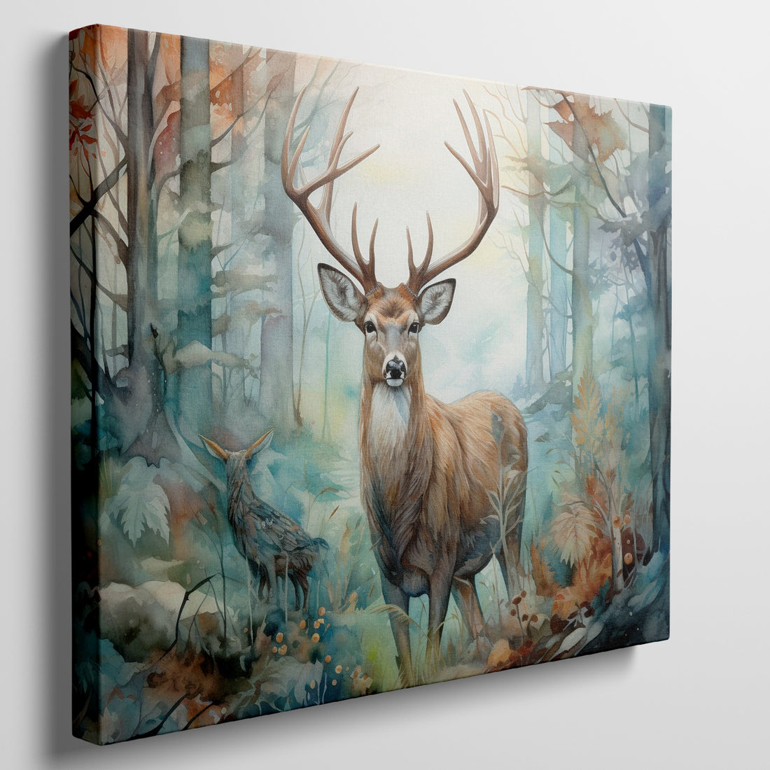 Framed canvas print of a majestic stag and a watercolor forest in autumn hues