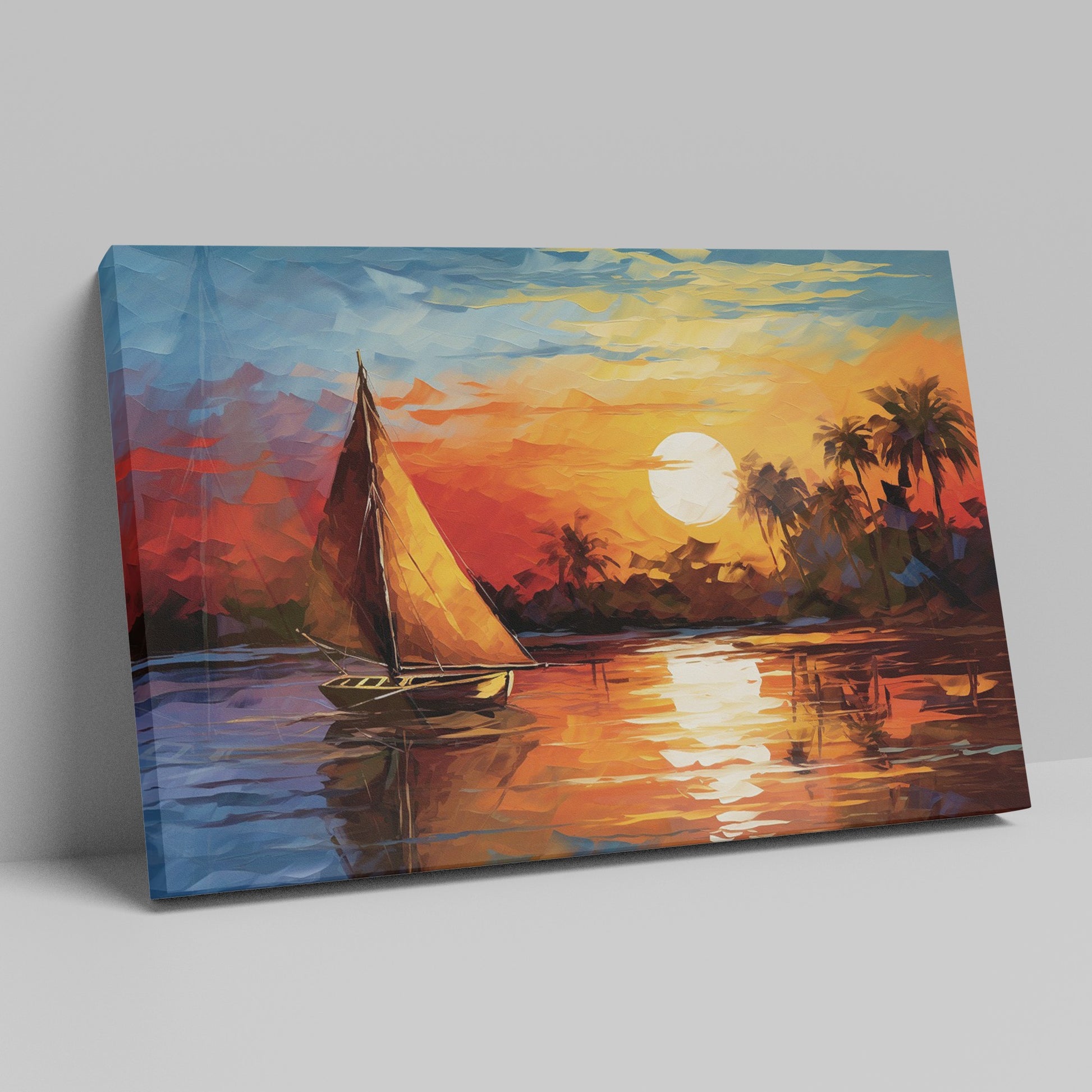 Framed canvas print of an Impressionist sailboat sailing at sunset with vibrant orange and blue colors