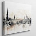 Framed canvas print of a monochromatic sepia cityscape with watercolor and reflection effects