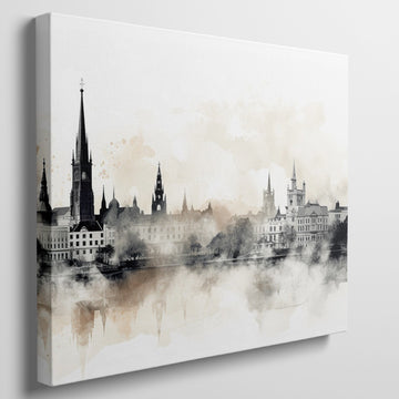 Framed canvas print of a monochromatic sepia cityscape with watercolor and reflection effects