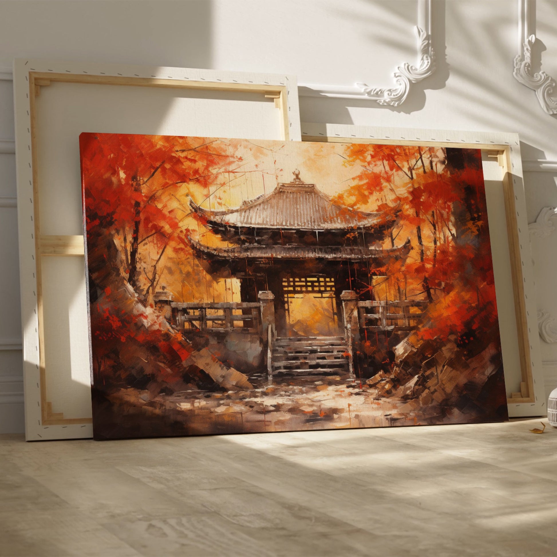 Canvas art of a traditional Asian temple surrounded by red and orange autumn leaves