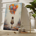 Framed canvas print of a youthful figure standing before an urban skyline, holding a cluster of colourful balloons