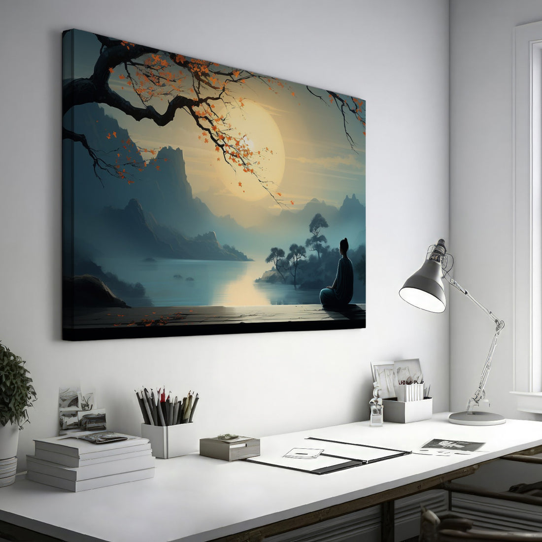 Framed canvas print of a tranquil Zen moment with a silhouette against an Oriental landscape at sunrise