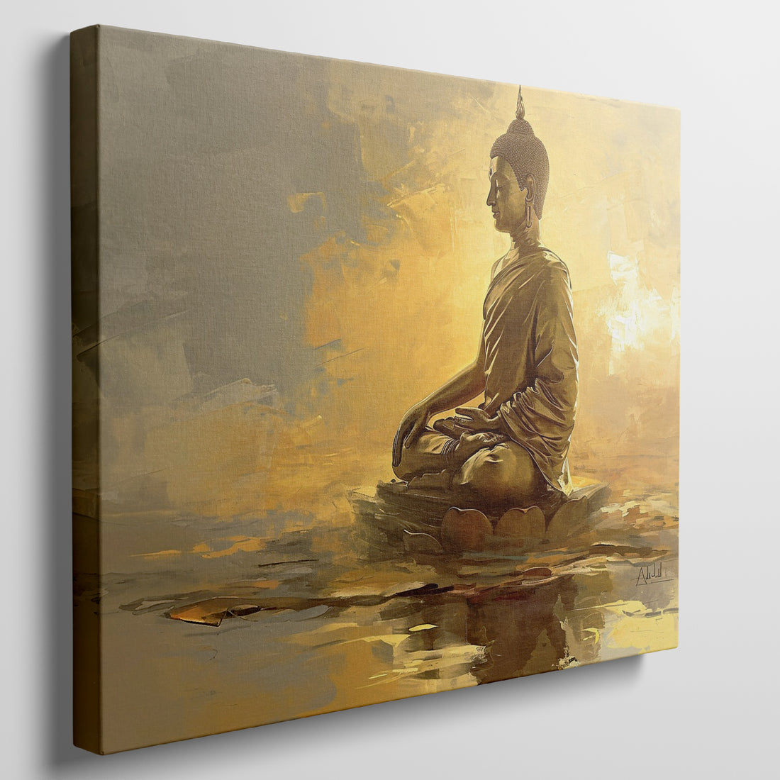 Framed canvas print of a golden Buddha in meditation