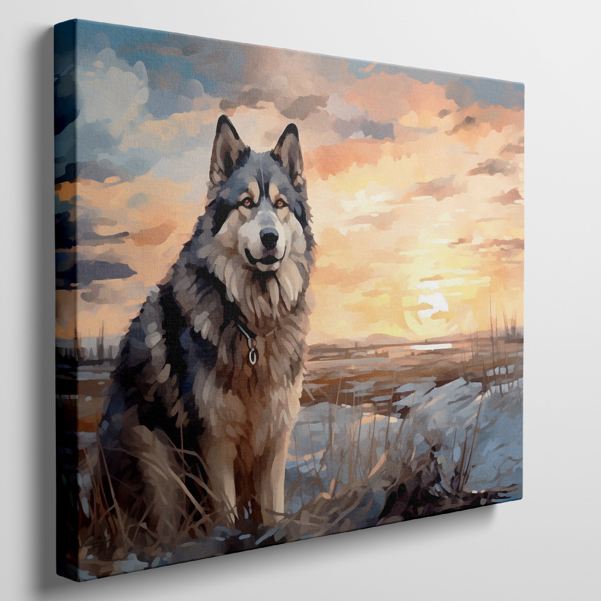 Framed canvas print of a Siberian Husky against a sunset landscape