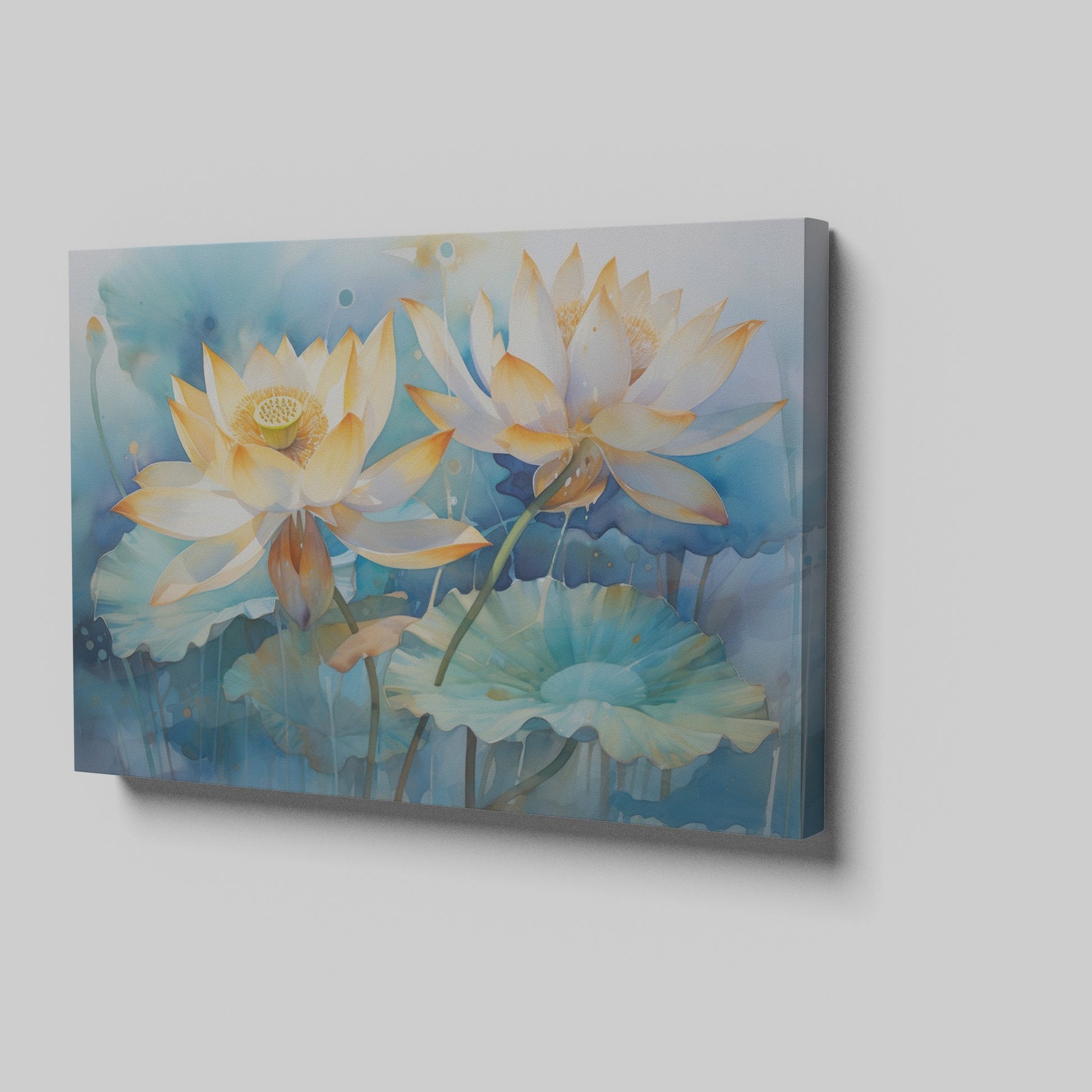 Framed canvas print of tranquil watercolor lotus flowers with pastel hues on a serene blue background