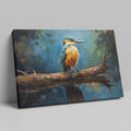 Framed canvas print of a Kingfisher bird with vibrant blue and orange plumage, perched on a branch over reflective water