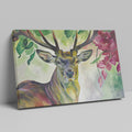 Framed canvas print of a vibrant stag with colourful floral surroundings