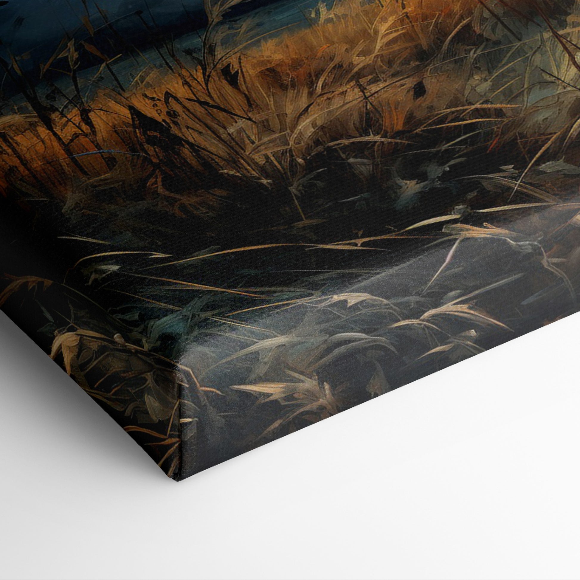 Framed canvas print of a dramatic sunset over a rustic meadow with vivid warm tones