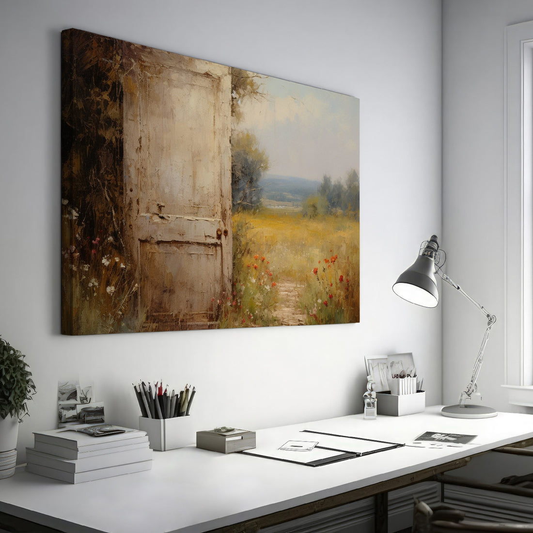 Framed canvas print of rustic door in a field with wildflowers in an impressionist style