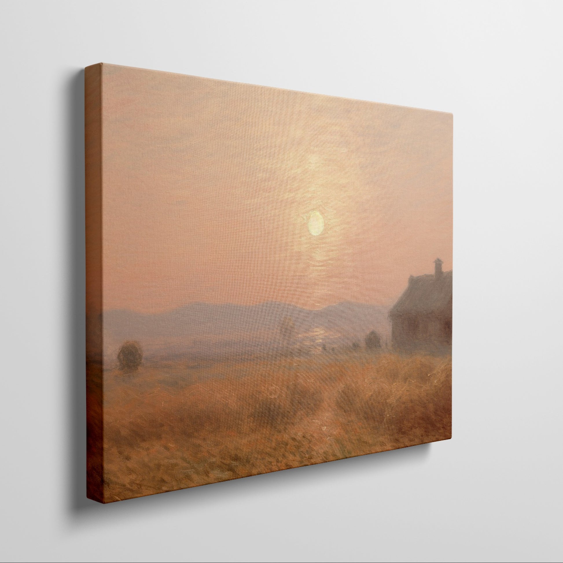 Framed canvas print of a misty, Impressionist-style sunset over a rustic countryside landscape with warm tones